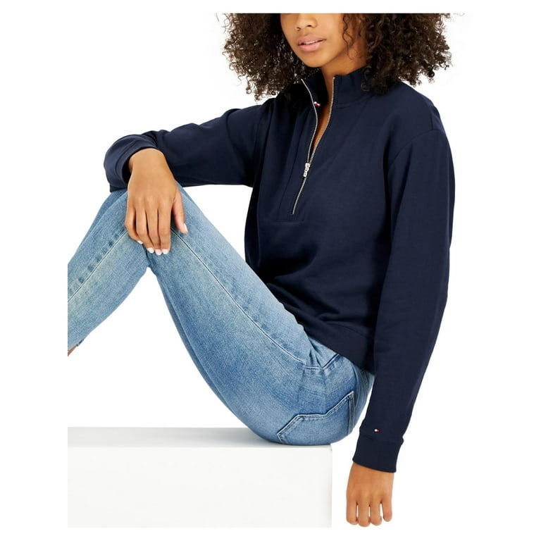 Tommy Hilfiger Women's 1/2-Zip Solid Cropped Sweatshirt Blue Size