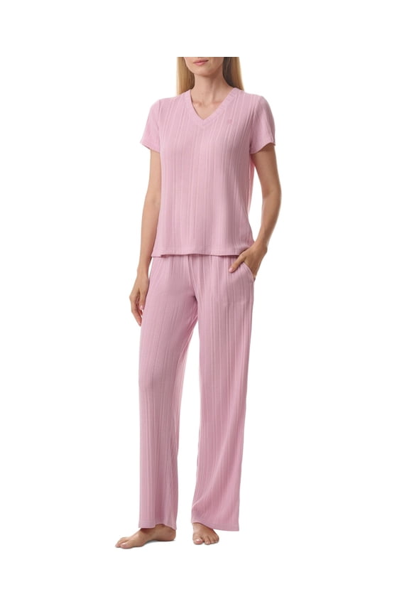 Women's 2-Pc. Short-Sleeve Ribbed Pajamas Set - Breezy Orc, Size X-Large