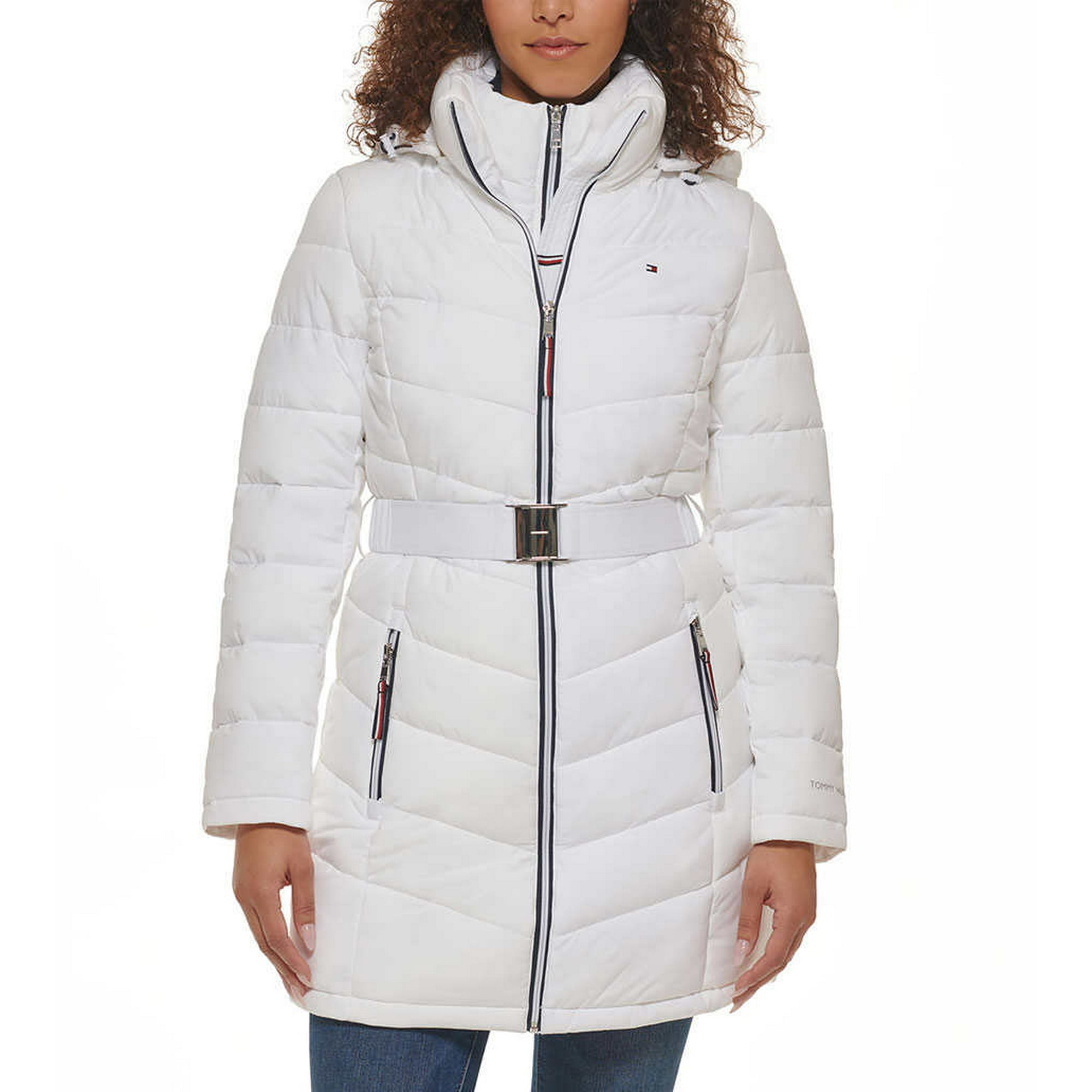 Tommy Hilfiger Belted Puffer Coat Jacket with Hood, White, XL -