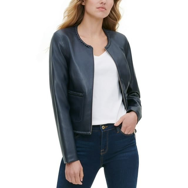Tommy Hilfiger Women's Braided-Neck Faux-Leather Jacket Black Size 2