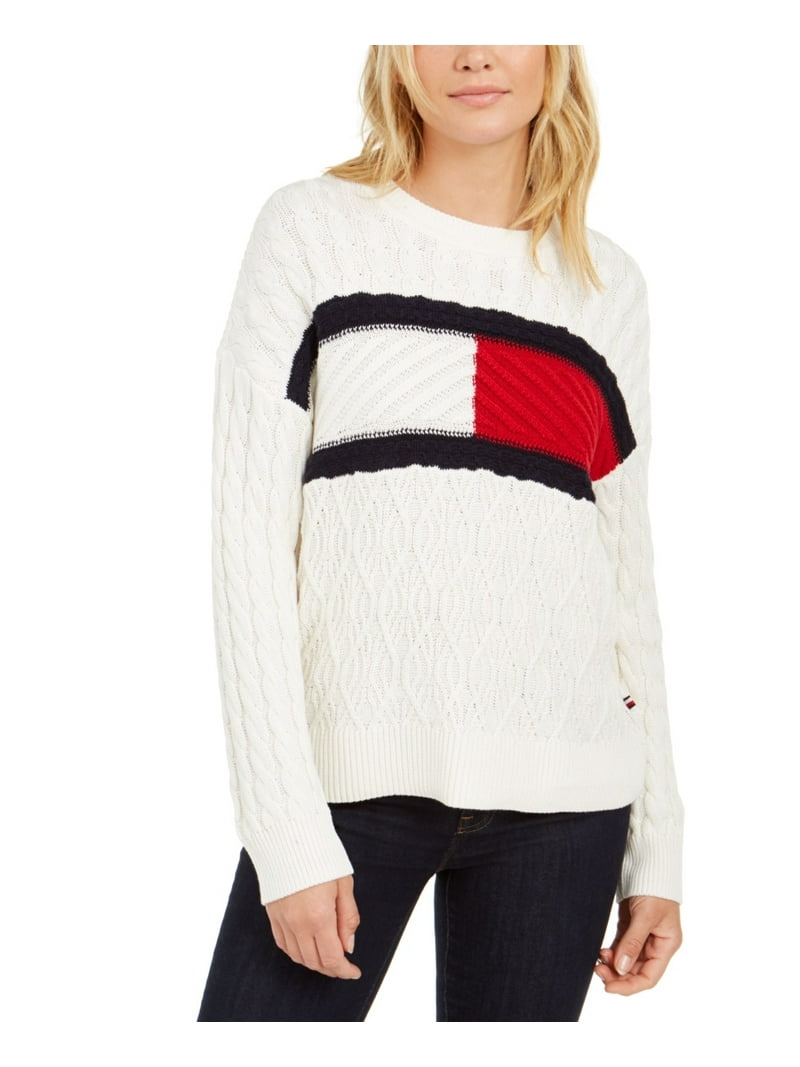 Tommy Hilfiger Women's Cable Knit Flag Logo Sweater White Size