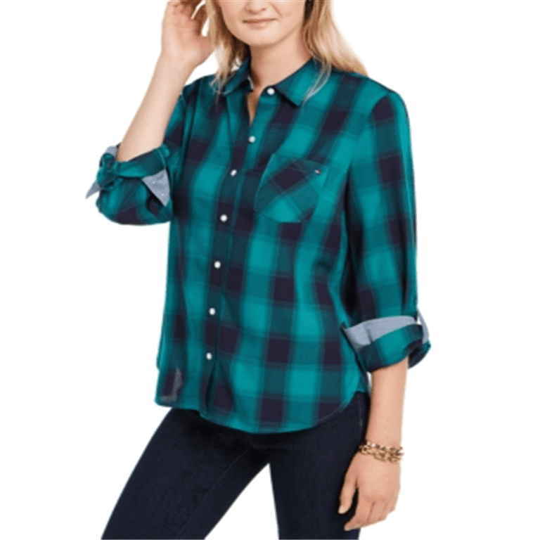 Tommy Hilfiger Women's Check Print Button Down Shirt Green Size X-Large -  Walmart.com