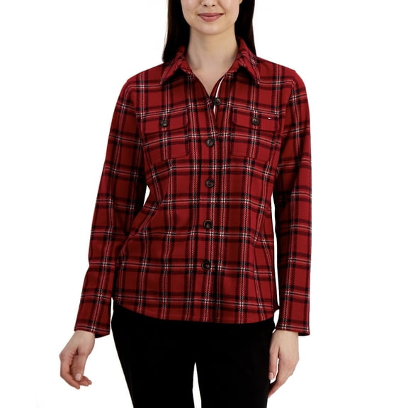 Tommy Hilfiger Women's Collared Plaid Shirt Jacket Plaid Chili Pepper Multi (Plaid Chili Pepper Multi, S)