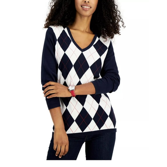 Tommy Hilfiger Women's Colorblocked Argyle Sweater Blue Size X-Small