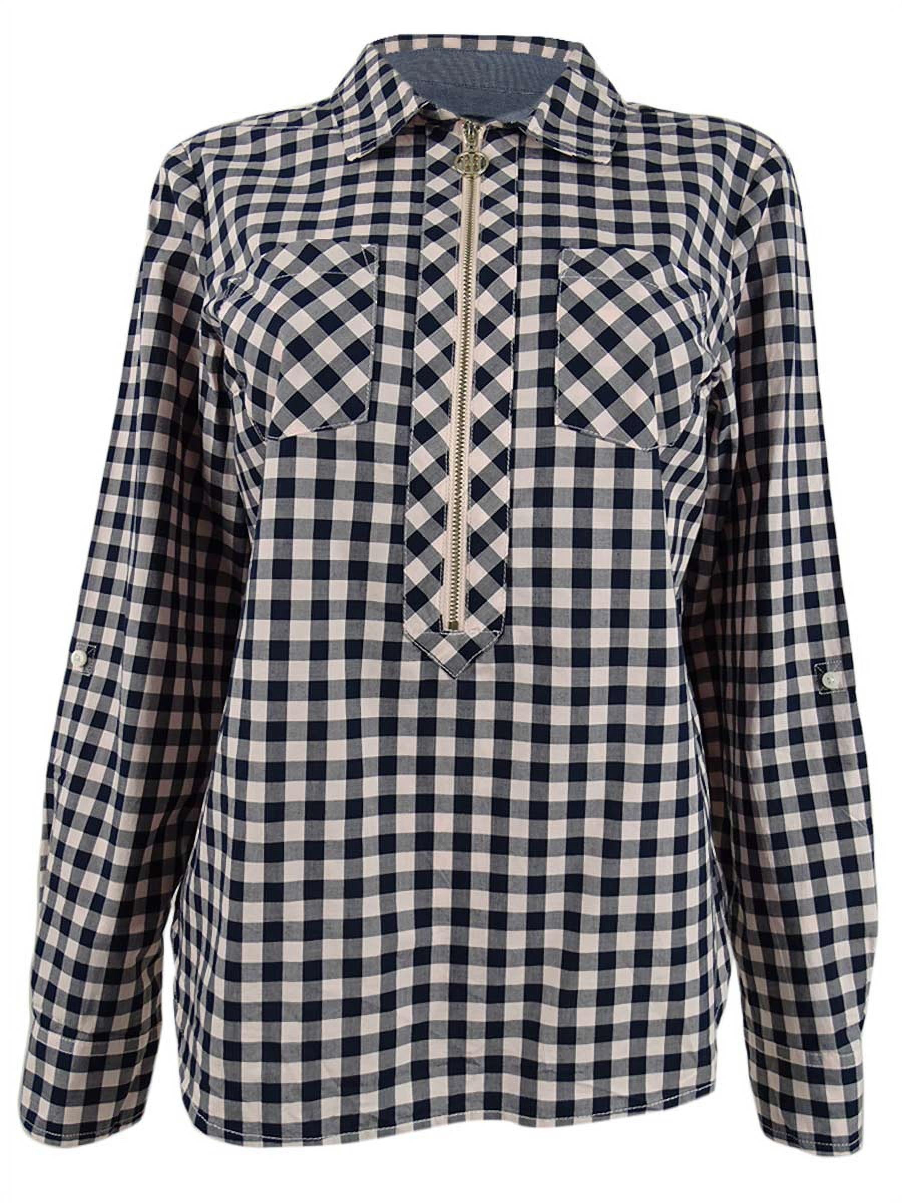 Women's Cotton Checked Zip Shirt (S, Sky Captain/Ballerina Pink)