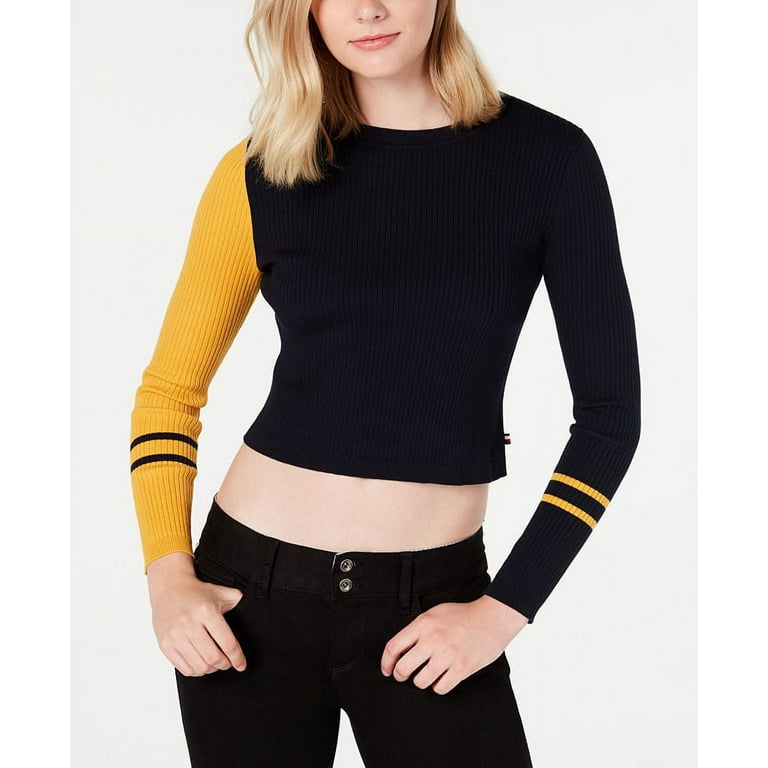 Tommy Hilfiger Women s Cropped Colorblocked Sweater Blue Size Xs