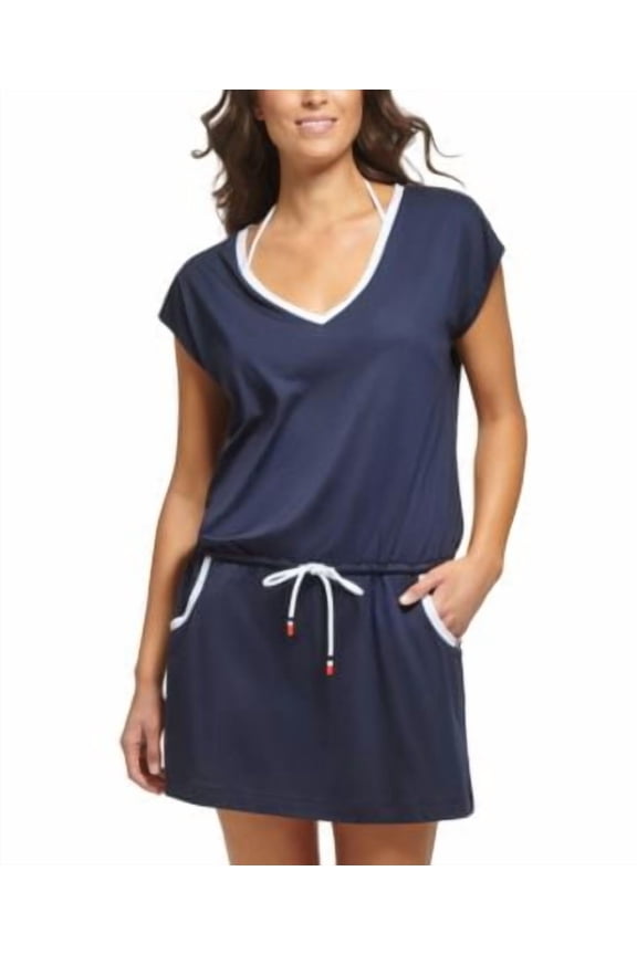 Women's Drawstring Dress Swim Blue Cover-Up Women's Swimsuit L/XL