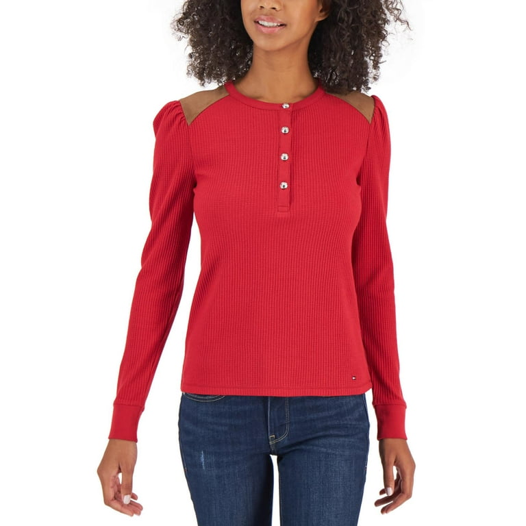 Tommy Hilfiger Women's Faux Suede Trim Henley Top Red Size Large 
