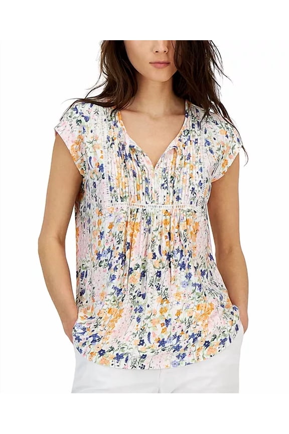 Women's Floral Garden print Pintuck Ladder Trim Tie Front T-Shirt - Ivory - (XX-Large)