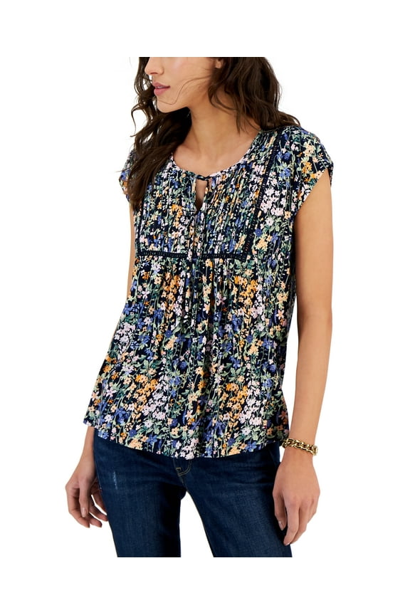 Women's Floral Garden print Pintuck Ladder Trim Tie Front T-Shirt - Navy - (XX-Large)