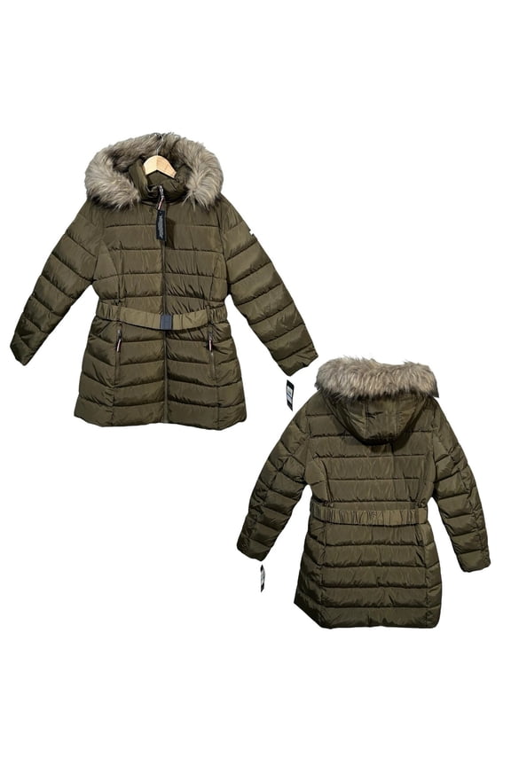 Women's Fur Mid-Length Puffer Hooded Belt Jacket XL Olive Green