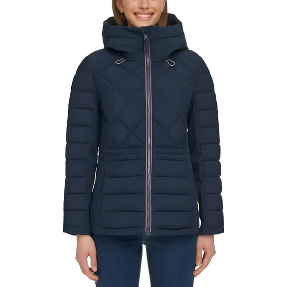 Tommy Hilfiger Women's Hooded Stretch Shell Quilted Jacket - Winter Coat for Women - Outwear with Pockets (Blue,Medium)