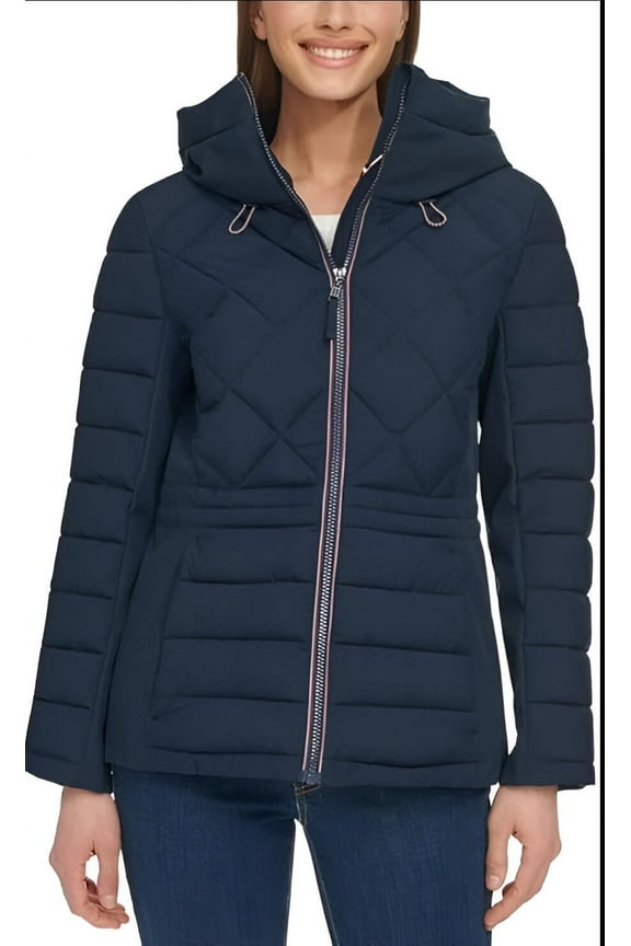 Women's Hooded Stretch Shell Quilted Jacket - Winter Coat for Women - Outwear with Pockets (Blue,Medium)