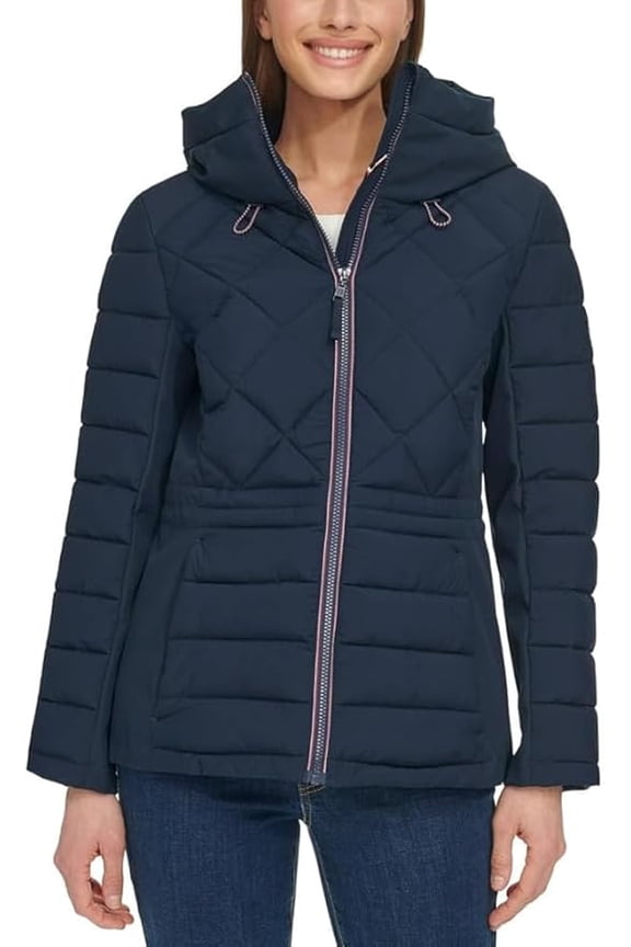 Women's Hooded Stretch Shell Quilted Jacket - Winter Coat for Women - Outwear with Pockets ( Blue XS)