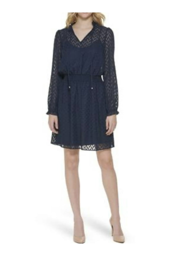 Women's Long Sleeve Split Neck Blouson Dress Navy Size 10