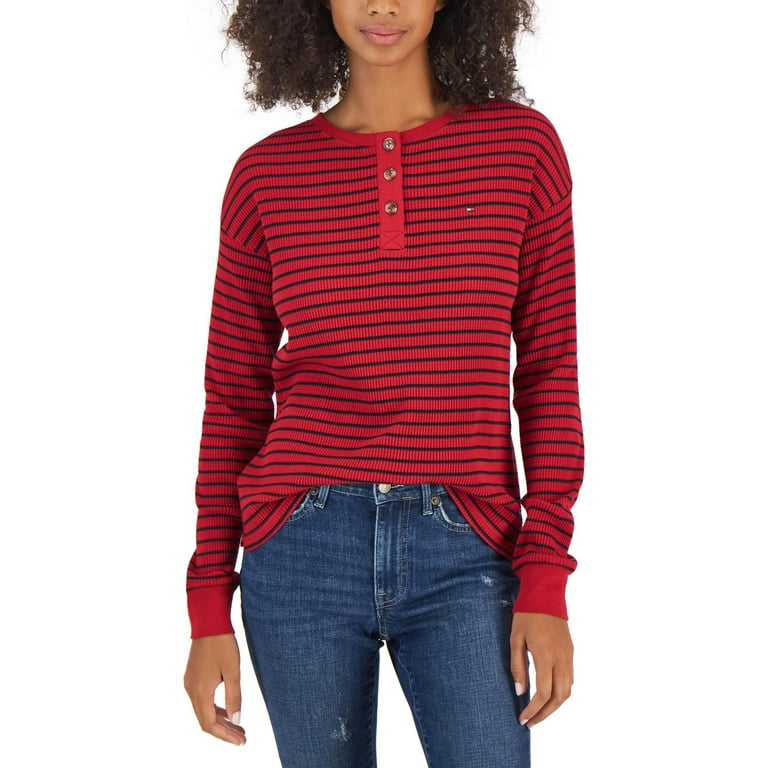 Tommy Hilfiger Women's Long Sleeve Striped Boxy Henley Top Red