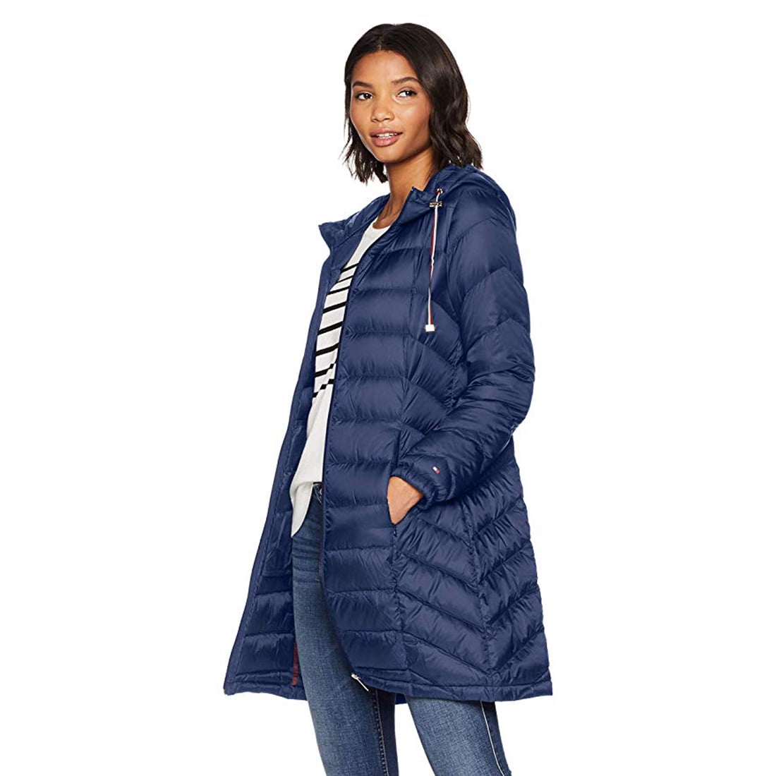 Coat, Mid Packable Hilfiger Quilt Length Tommy Down Medium Chevron Navy, Women\'s