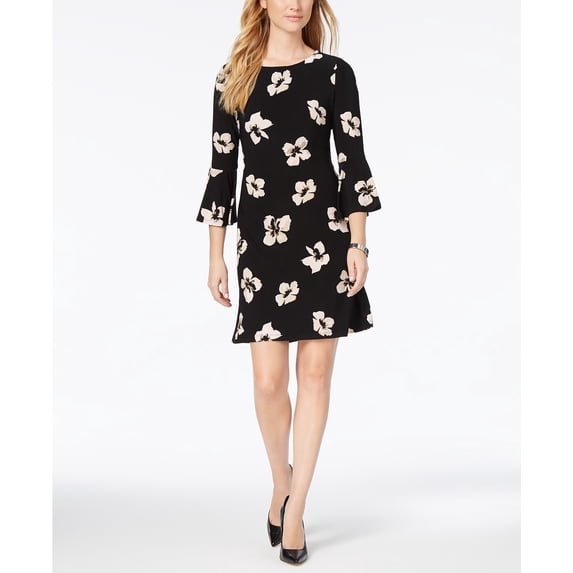 Tommy Hilfiger Women's Printed Jersey Bell Sleeve A-Line Dress Black Size 14