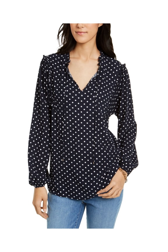 Women's Printed Ruffled Neck Blouse Blue Size Small