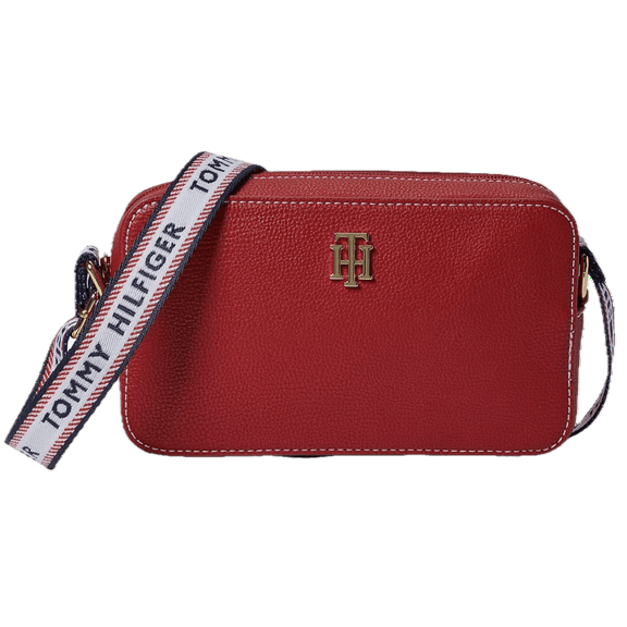 Tommy Hilfiger Womens Red Pebbled Camera Crossbody Bag with Logo Strap and Gold TH Hardware