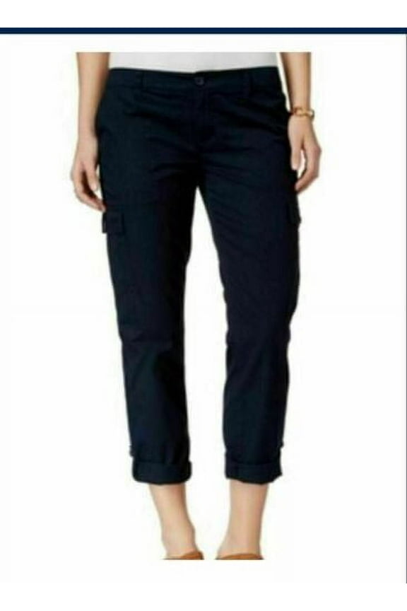 Women's Roll-Cuff Flat Front Crop Capri Pants (Sky Captain, Large)