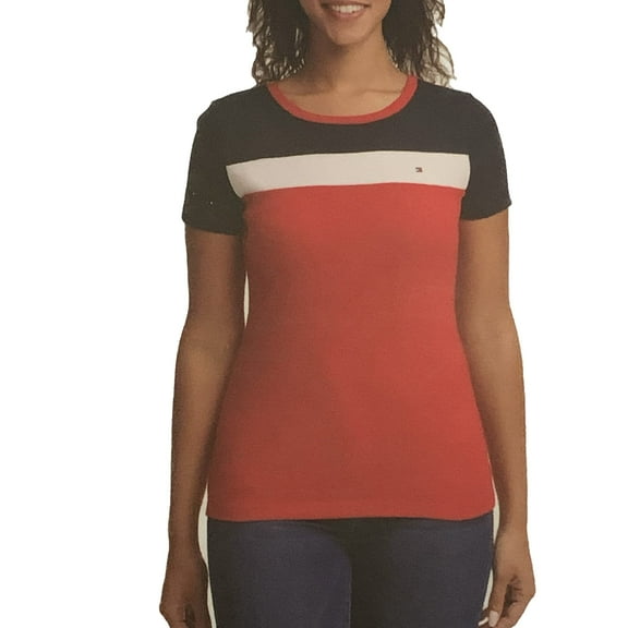 Tommy Hilfiger Womens Crew Neck Solid Color Logo T-Shirt Size: L, Color: Scarlet