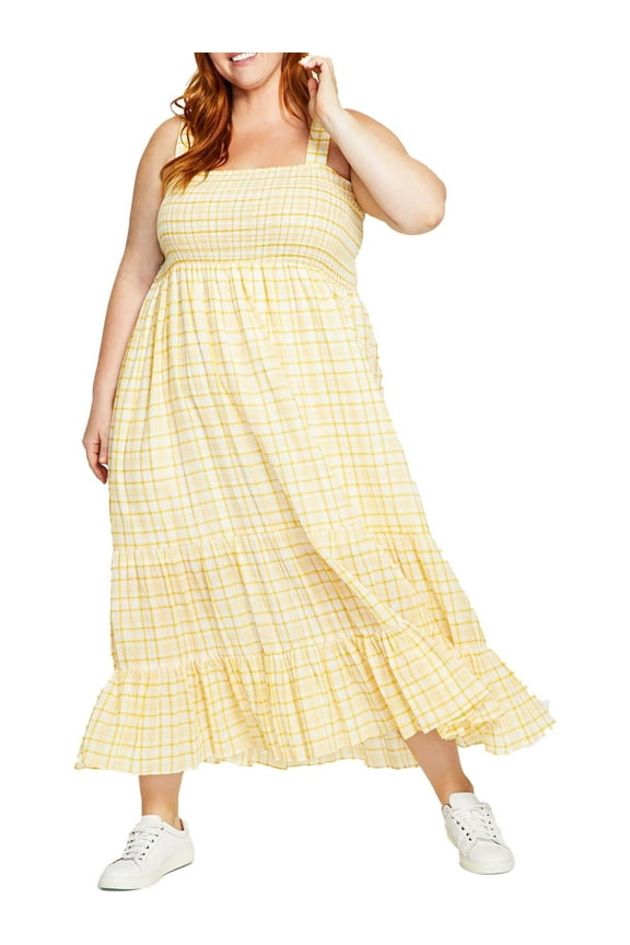 Women's Plus Smocked Plaid Maxi Dress (2X, Yellow)