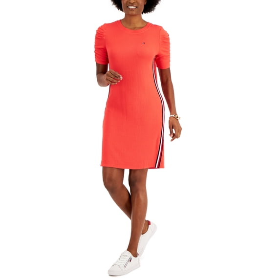 Tommy Hilfiger Women's Solid Ribbed Puff Sleeve Dress Red Size X-Small