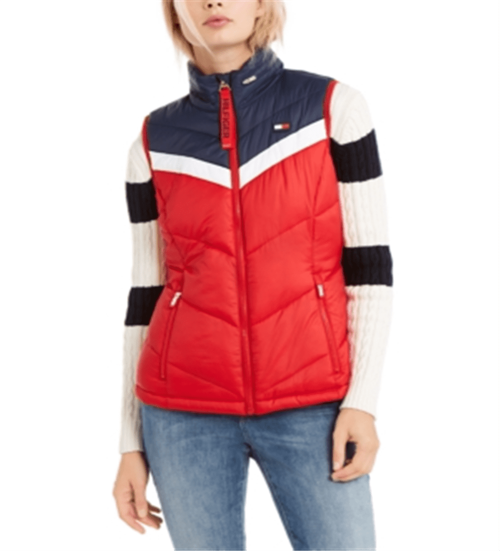 Zip Colorblocked XX-Large Sport Women\'s Tommy up Puffer Hilfiger Red Vest Size