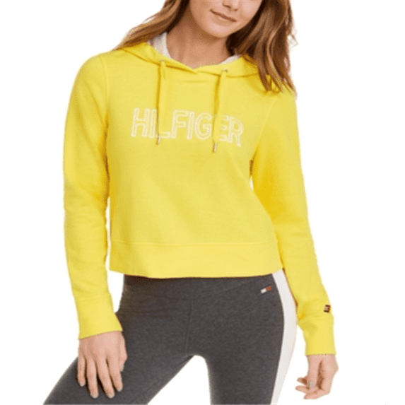 Tommy Hilfiger Women's Sport Logo Cropped Hoodie Yellow Size XX-Large
