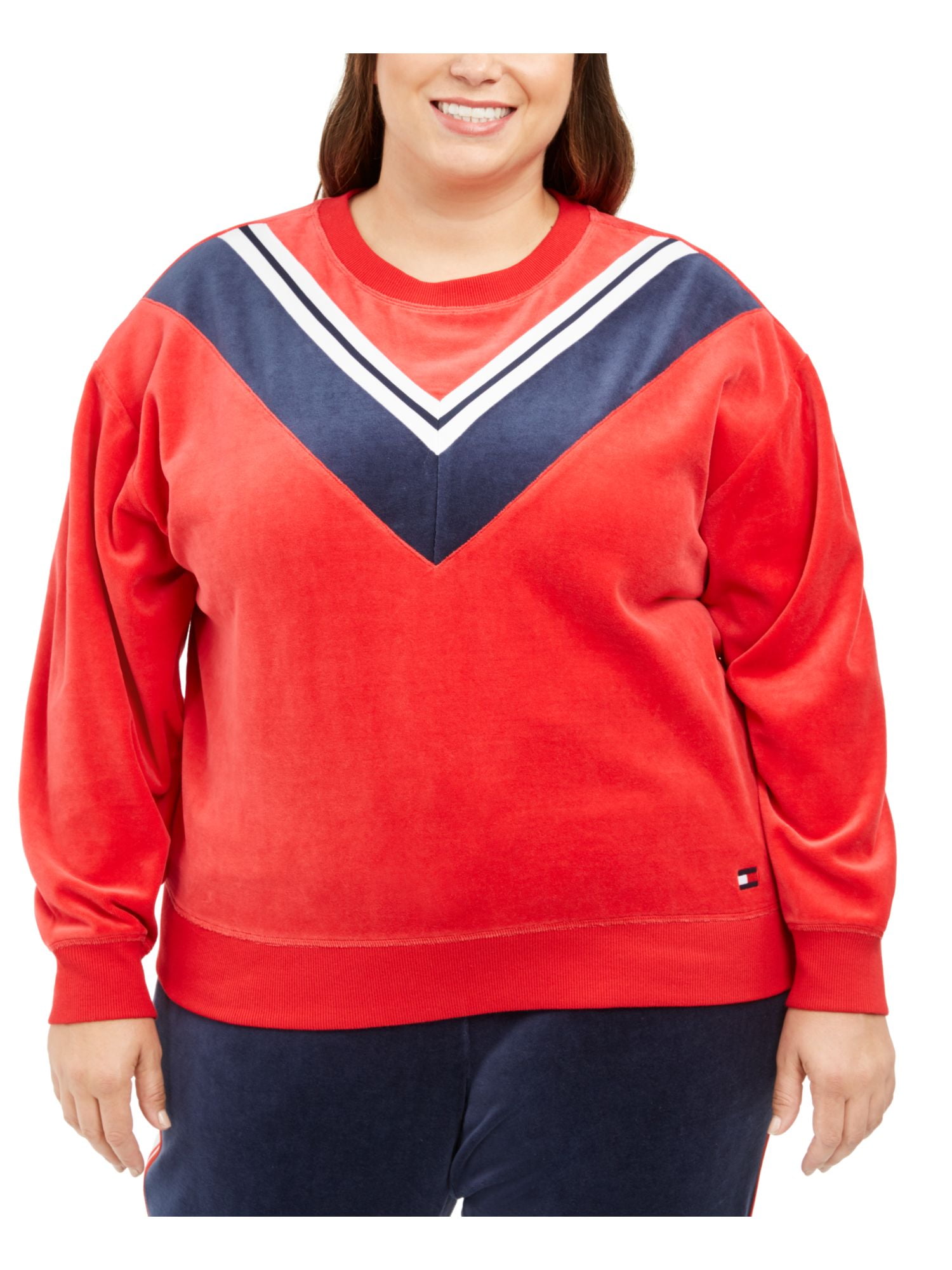 Tommy Hilfiger Women's Sport Plus Velour Varsity Chevron Sweatshirt Red  Size 2X 