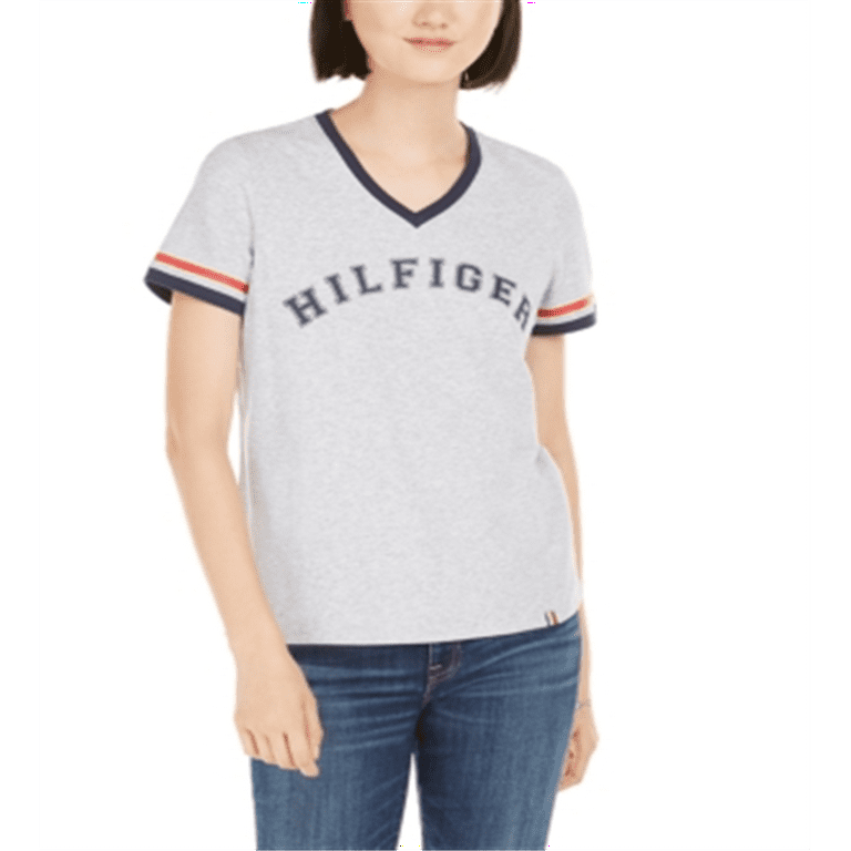 Tommy Hilfiger Women s Sport V Neck Graphic T Shirt Silver Size X Large