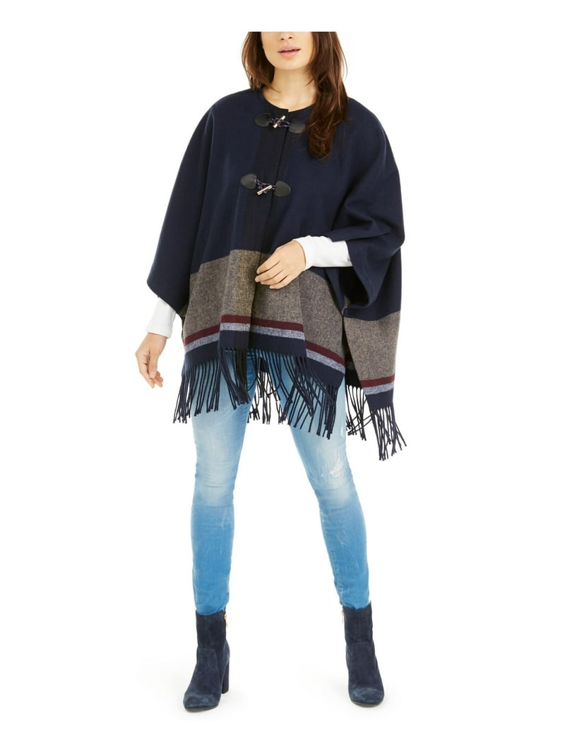 Tommy Hilfiger Women's Striped Fringe-Trim Poncho (M, Navy Multi