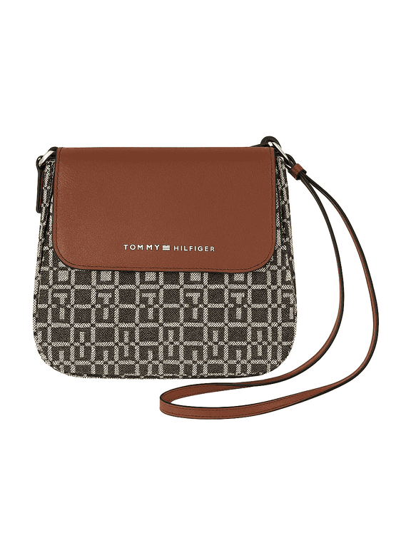 Womens Crossbody Bag with Flap Closure, TH Monogram Jacquard Pattern & Adjustable Strap Brown/Cream