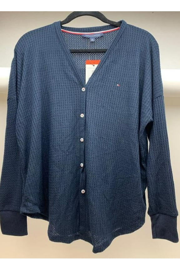 Women's Tie Waffle Cardigan, Navy, Medium