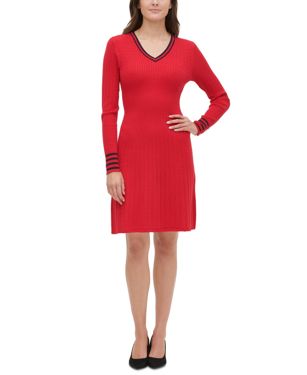 Tommy Hilfiger Women's V-Neck Cable-Knit Sweater Dress Red Size Medium -  Walmart.com