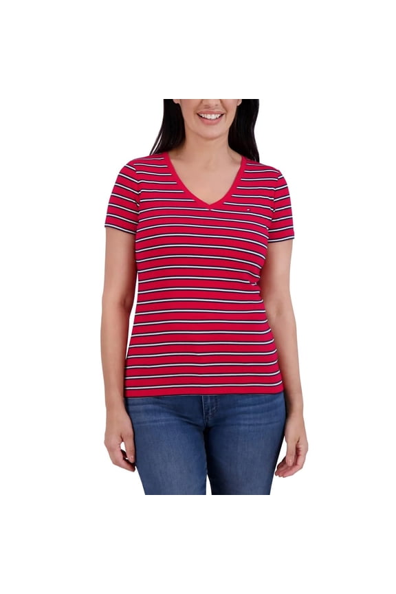 Womens V-Neck Tee Embroidered Branded Flag Cap Sleeve Silhouette V-Neckline (Red, Small)