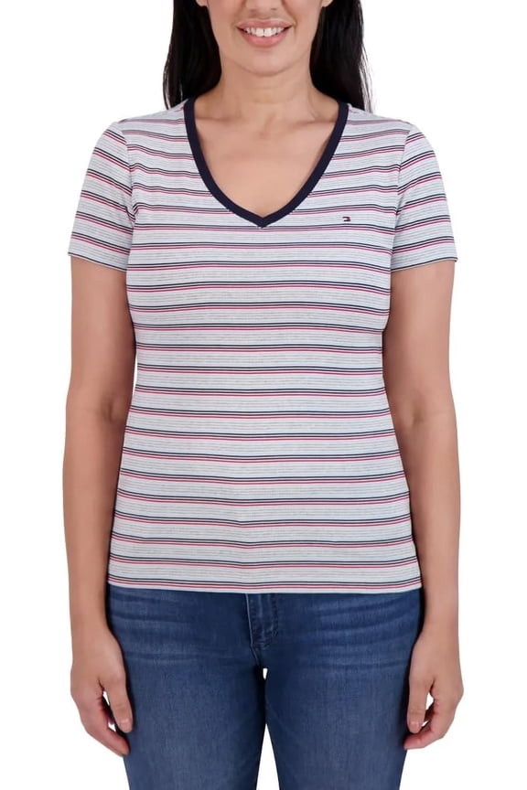 Womens V-Neck Tee Embroidered Branded Flag Cap Sleeve Silhouette V-Neckline (White, Small)