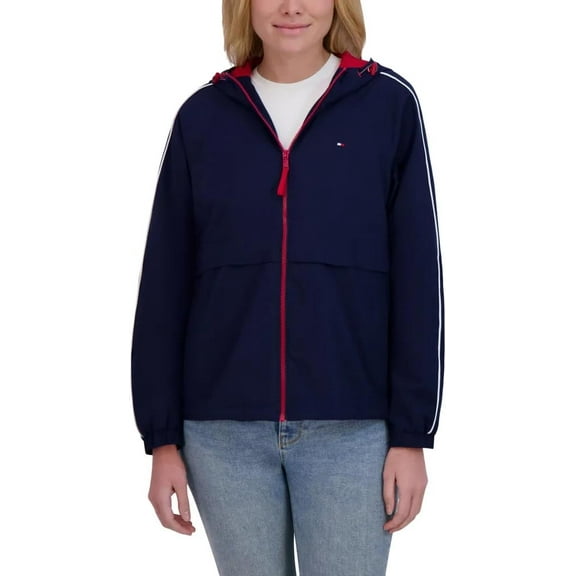 Tommy Hilfiger Women’s Windbreaker Jacket, Lightweight Hooded (Blue/Small)