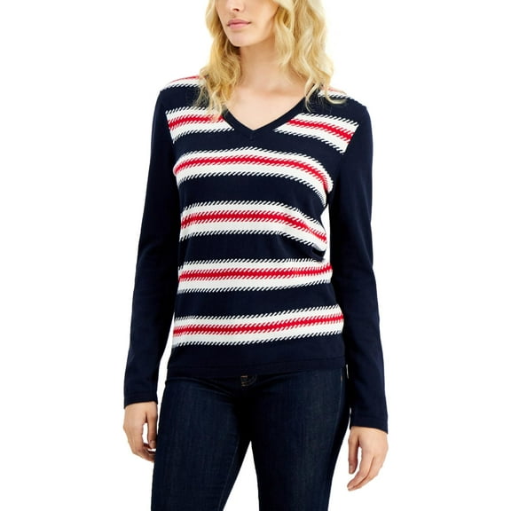 Tommy Hilfiger Womens Broken Rope Striped Pullover Sweater