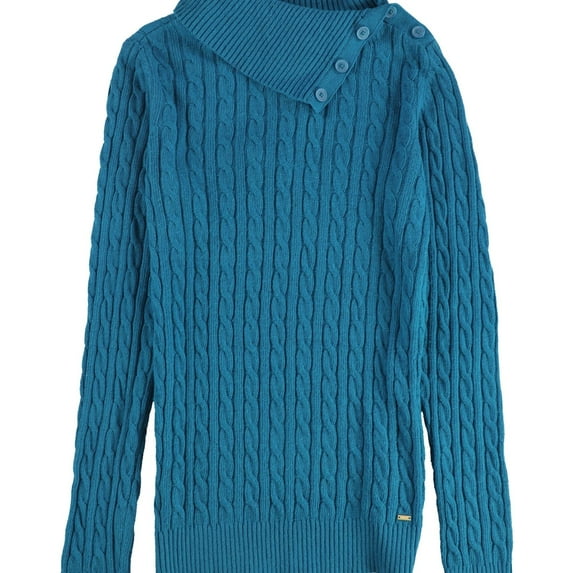 Tommy Hilfiger Womens Cable Button Mock Neck Pullover Sweater, Blue, Medium