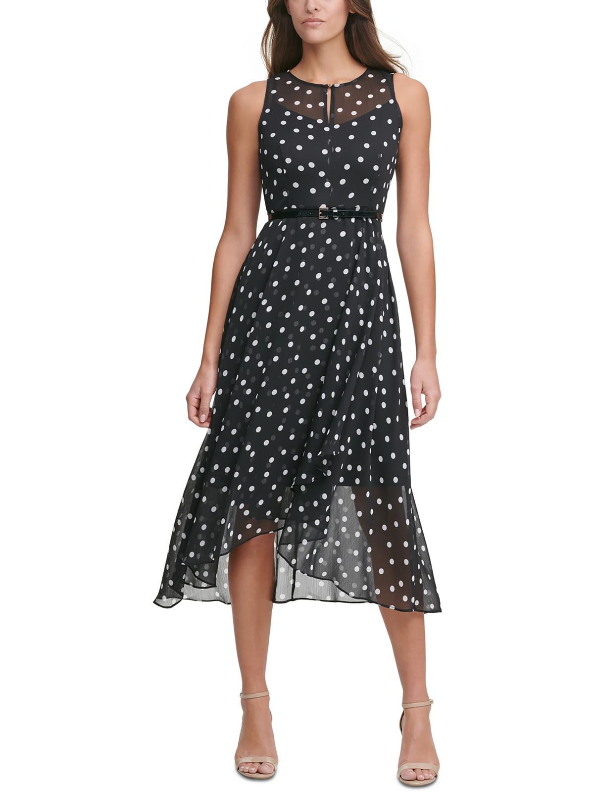 TOMMY HILFIGER Womens Black Zippered Cut Out Crossover Hi-lo Hem Sheer  Lined Polka Dot Sleeveless Round Neck Midi Party Fit + Flare Dress 12