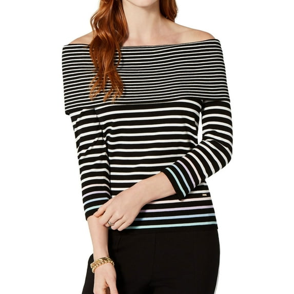 Tommy Hilfiger Womens Contrast Stripe Knit Sweater, Black, Medium
