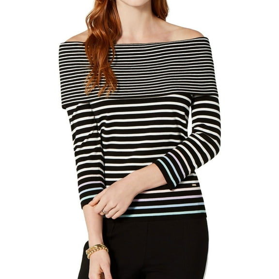 Tommy Hilfiger Womens Contrast Stripe Knit Sweater, Black, Medium