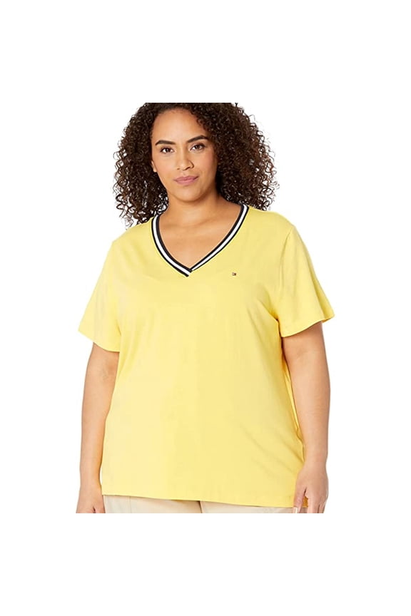 Womens Contrast Trim Basic T-Shirt, Yellow, Plus Size, 3X