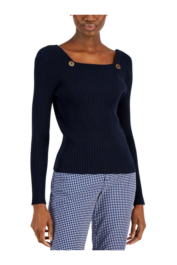 Womens Cotton Blend Embellished Pullover Sweater