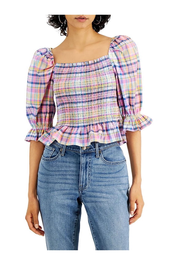 Womens Cotton Plaid Smocked Top Pink Multi XL