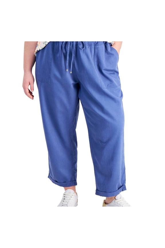 Womens Cuffed Twill Casual Trouser Pants, Blue, Plus Size, 2X
