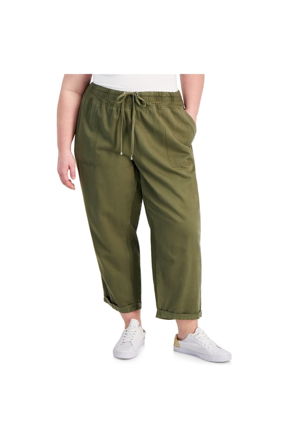 Womens Cuffed Twill Casual Trouser Pants, Green, Plus Size, 2X