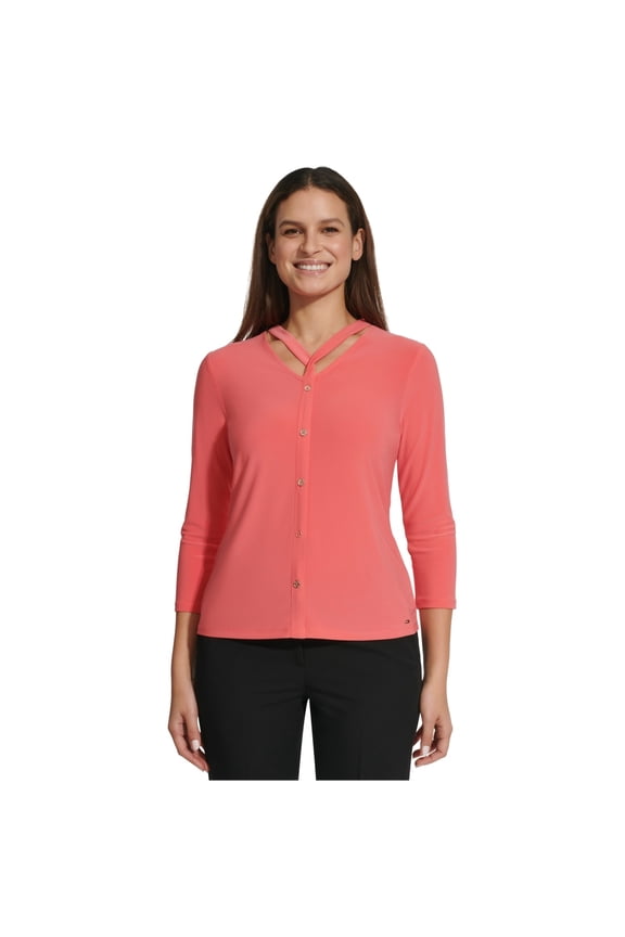 Womens V Neck Cutout Tunic Blouse, Orange, X-Large